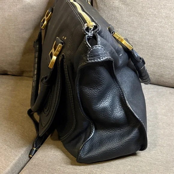 Chloe Marcie Black Leather Satchel with Gold Accents - Picture 6 of 12